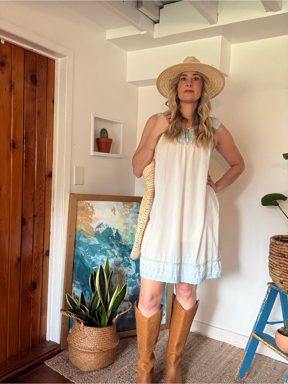 Komar White Dress with Light Blue Trim